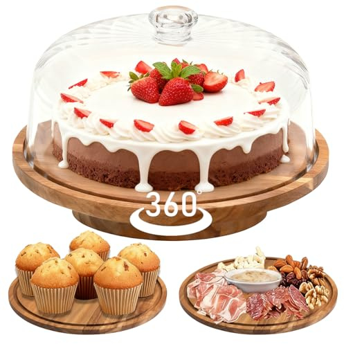 cutesun Cake Stand with Lid, Rotating Cake Stand with Lid & Dome, 11.8'' Acacia Wood Shatterproof 10.4'' Acrylic Cake Display Stand for Wedding, Birthday, Parties