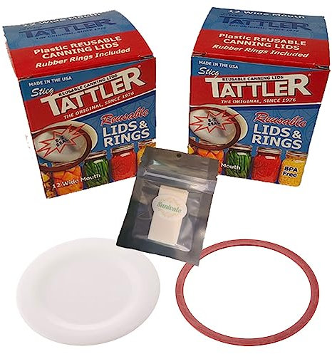 Reusable Canning Lids Bundle Includes 24 Wide Mouth Tattler Lids and Rings and 24 Dissolvable Sunivale Jar Labels For Use With Hot Water Bath, Vacuum Sealer and Pressure Canning Methods Made in USA