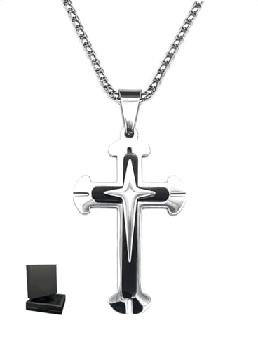 KONFEN Collier Croix Pendentif Homme, 3mm * 24 Croix Chaine 304 Acier Inoxydable pour Homme Femme, 60cm Chaîne Croix Hip Hop Bijoux Cadeau d'anniversaire pour Homme Garçons (Argent et Noir)