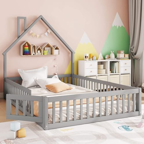 YCYDHDM Cama infantil Montessori de 140 x 200 cm con protección anticaída y somier, cama con puertas, cama para habitación infantil, estructura de madera de pino, sin colchón, gris