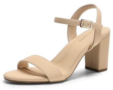 DREAM PAIRS Sandales à talons épais pour femme - Bout ouvert - Sangle de cheville - Tendance - Pour fête de mariage, nude, 38.5 EU