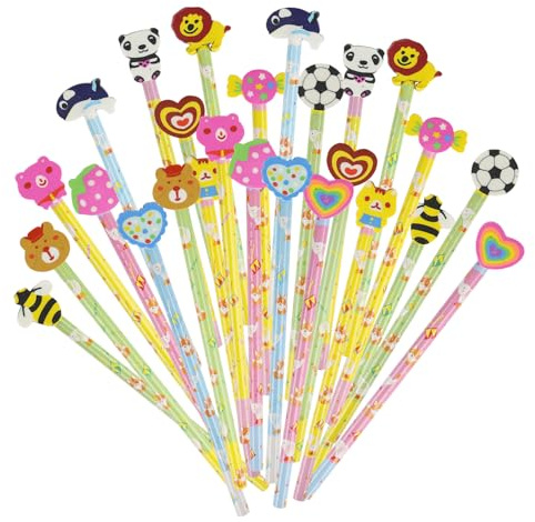 VEYLIN 24Pcs Pencil with Eraser Toppers Wooden Lead Pencils Set for Party Bag Fillers Animal Pencils with Rubbers for Kids School Class Gifts