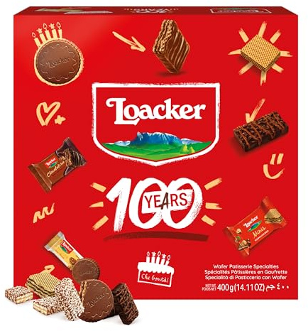Loacker Best of Moments 100 Jahre Jubiläumsedition Mischung (400g) • Mix aus Mini-Waffeln & Schokoladenspezialitäten mit Haselnuss, Vanille, Kokos • Schokoladenmischung • Partybox oder zum Naschen