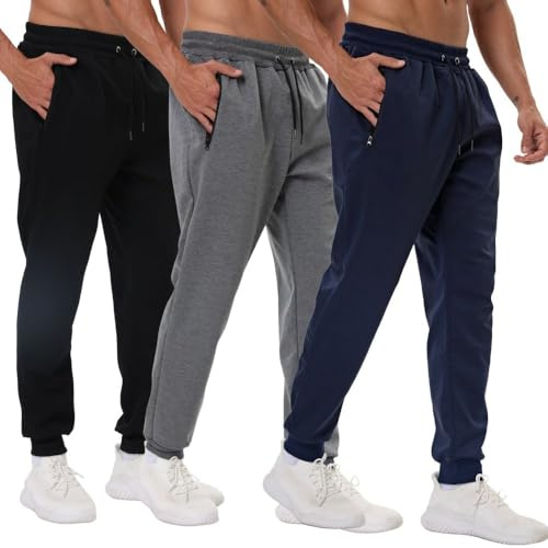 Bsrpolry 3 Pack Mens Athletic Sweatpants with Zip Pockets,Workout Gym Sweat Pants for Men Running Jogging Pants Black Dark Grey Navy S