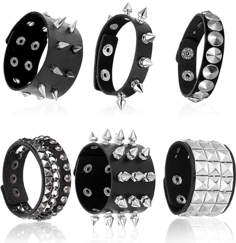 DSLSQD 6 Stück Punk Besetztes Armband Gothic Punk Nietenarmband PU Lederarmband Nietenarmband Emo Accessoires Nieten Armbänder für Männer Frauen Cosplay Party Halloween Weihnachten Kostümparty