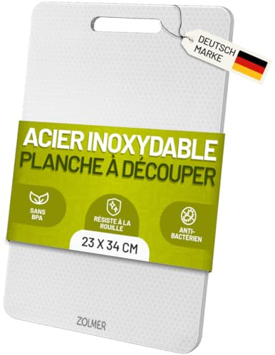 ZOLMER Tagliere in acciaio inox alimentare 34 × 23 cm antibatterico senza microplastiche, BPA-free e inodore – lavabile in lavastoviglie, leggero, con superficie anti-graffio per cucina