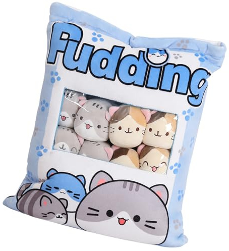 Cat Snack Pillow With 8pcs Plush Dolls, Pudding Decorative Removable Cat Dolls, Cute Snack Pillow Stuffed Animal Toys, Kawaii Plush Doll Cushion, For Apartment, Bedroom, Sofa, Dormitory, Car, Living R