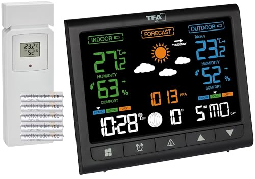 TFA Dostmann väderstation trådlös med Contrast för utomhussensor, 35.1171, VA-skärm, termometer och hygrometer för inomhus/utomhus, med väderprognos, temperaturlarm, radioklocka (svart med batterier)
