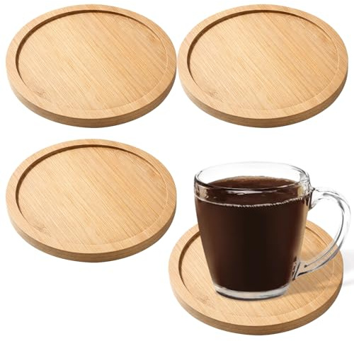 SHENLIU 4 piatti per candela, in legno, rotondi, 10 cm, in bambù, per candele, per candele, battesimi, matrimoni, soggiorno, 4 pezzi