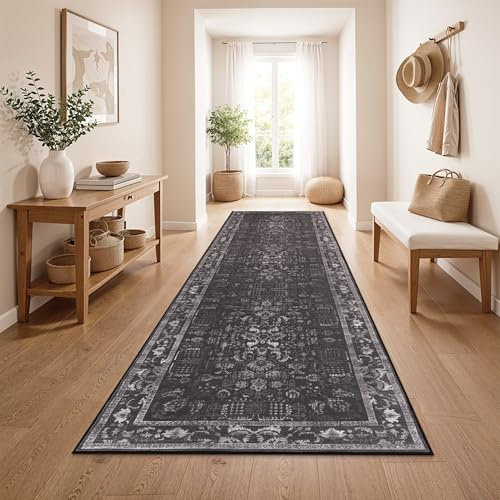Paco Home Vintage Teppich Läufer Kurzflor Boho Stil Waschbar & rutschfest pflegeleicht modernes Retro Design, Farbe:Anthrazit, Größe:80x300 cm