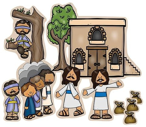 Zaqueo - Figuras de fieltro de la Biblia con páginas para colorear/actividades hechas en los Estados Unidos, guión gráfico del Nuevo Testamento, iglesia, Jesús cristiano