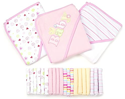 Spasilk Bath Hooded Towels & Washcloths Set for Babies, 23-Piece Gift Set, Pink