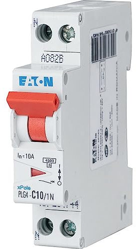 EATON 264744 PLG4-C10/1N - DISJONCTEUR MODULAIRE PH/N - Blanc - MANETTE ROUGE - 1P+N / 10 A - COURBE C - Raccordement à vis