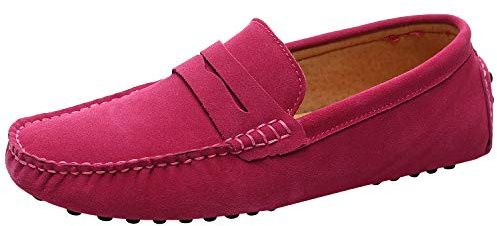 Jamron Män Mocka Läder Penny Loafers Mockasin Tofflor Fuchsia EU44