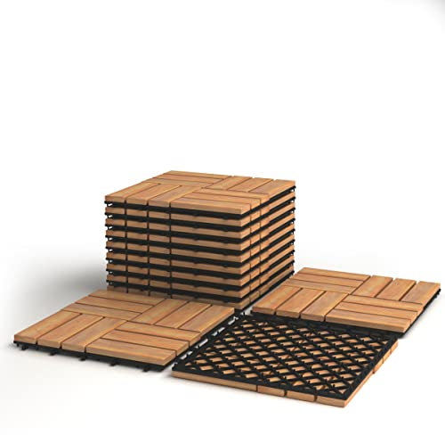 COSTWAY 10 Dalles Carreaux de Terrasse 30 × 30 CM Plancher d'Exterieur Emboitable en Bois Acacia Huilé,Revêtement Extérieur ou Intérieur pour Jardin, Piscine, Balcon (Modèle 1)