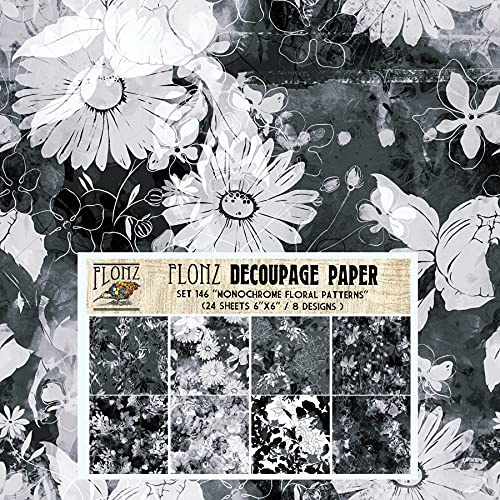 Decoupage Paper Pack (24 Sheets 6x6) Monochrome Floral Pattern FLONZ Vintage Styled Seamless Pattern Paper for Decoupage, Craft and Scrapbooking Black Flowers Wildflowers