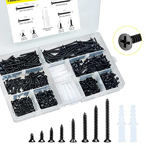 LERNOU M3 Wood Screw Assortment Kit, Philips Flat Wood Screws Set, Short Wood Screw, Cabinet Screws,Small Screw Fasteners, 400pcs Screws and 20Pcs Screw Anchors