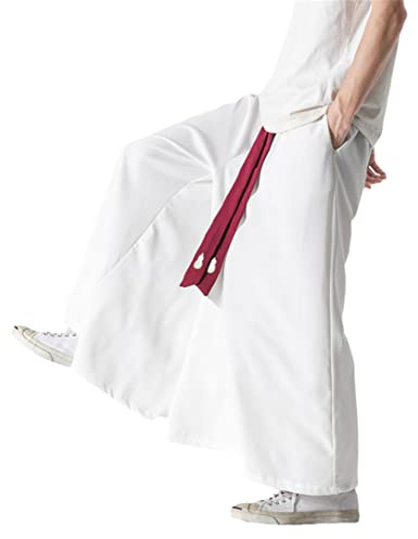 Hommes Chinois Traditionnel Mince Grande Taille Glace Soie Hakama rétro Hanfu Tai Chi Kung Fu Pantalon décontracté White 3XL