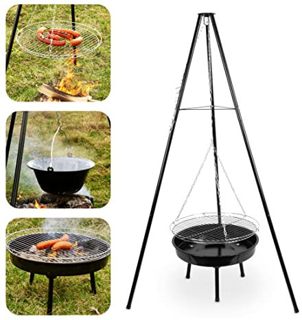 STREND PRO Schwenkgrill mit Feuerschale Bayrisch, mit rundem Grillrost 50 cm, Dreibeingrill 152 cm, Feuerschale 60 cm, für Holzkohlegrillen, Outdoor-Camping, Party, Garten, Reisen