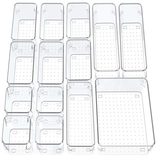 SMAZIUL 14 Pcs Clear Drawer Organiser with 4 sizes Desk Organizer ideal for organizing, cosmetics, makeup, jewelry, office supplies, bathroom accessories & much more