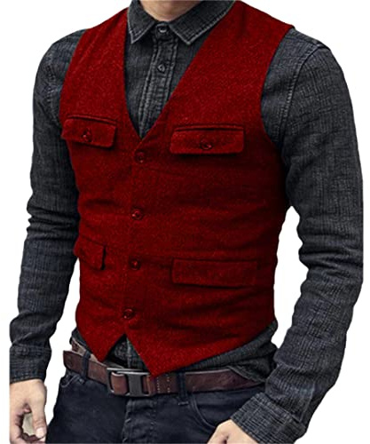 Bollrllr Gilet Blazer da uomo in tweed di lana a spina di pesce gilet vintage formale da lavoro, Rosso, M