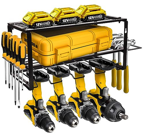 MoDinzo Power Tool Organizer, Alloy Steel Tool Holder for Garage Organization, 3 Layer Floating Shelf 4 Drill Holder, Black Storage Rack for Tool Organizing with Screws, Anchors, Spanners.