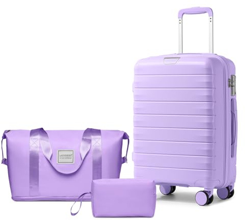 LARVENDER Luggage Sets 3 Piece with Duffel Bag Hardside PP Carry On Suitcase with 360° Spinner Wheels TSA Lock Luggage Sets for Women, Lavender