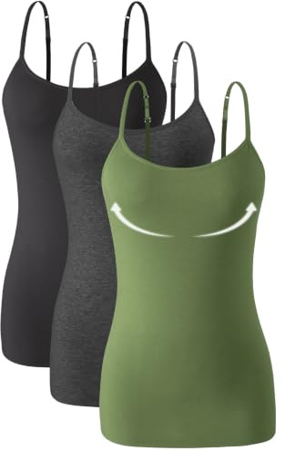 Knuffnee 3 Pack Womens Camisole with Built in Bra Adjustable Strap Tank Tops for Women Cotton Undershirt Cami