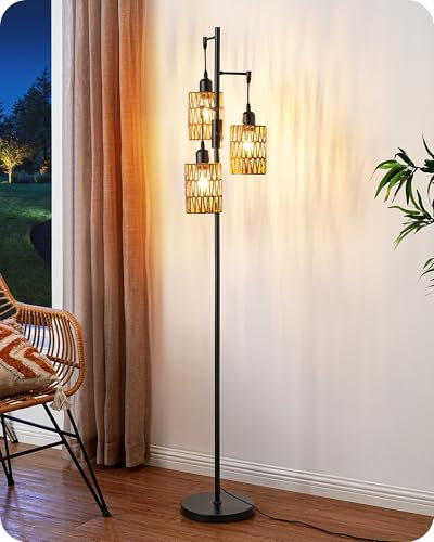 EDISHINE Lampadaire sur Pied Salon avec Abat-jour en Corde Tissée, Dimmable en Continu par Bouton Rotatif, 3 Ampoules LED 4W de 2700K Blanc Chaud Incluses, Lampe sur Pied Boho pour Chambre, Salon