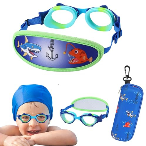 RUIGAO Gafas de natación para niños con correa de tela para niños de 4 a 7 años, sin tirones de pelo, correa elástica, protección UV, antivaho (1 paquete de correas elásticas para peces, tiburón azul)