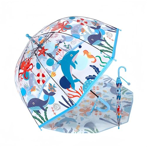 Parapluie pour enfant avec toit en dôme - Design léger et mignon - Protection contre le vent et la pluie - En forme de cloche - Transparent - Cadeaux pour enfants, Dauphin bleu, S