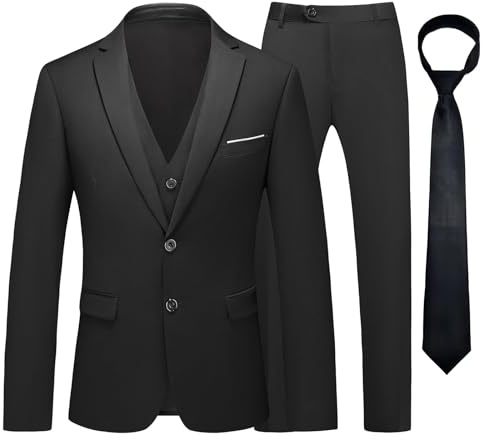 KUDMOL Costume Homme 3 Pièces Mariage d'affaires Slim Fit Smoking à Deux Boutons Men Suits 3 Piece Blazer Veste et Pantalon Gilet avec Cravate(Noir,3XL)