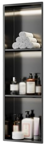 GLFNB Nicho de Ducha de Pared de Acero Inoxidable con luz LED, Estante de Almacenamiento de nicho de Ducha Empotrado para baño, no Requiere Azulejos (Negro, 90 x 28 x 12,5 cm)