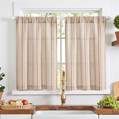 TOPICK Multi Red Striped Kitchen Curtains, Cafe Curtains, W26xL36 Inch 2 PCS