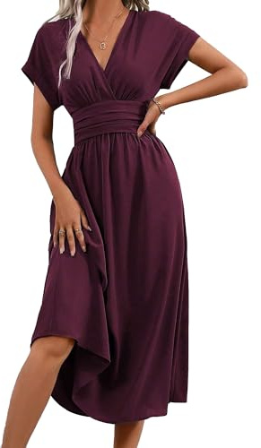 QUNERY Vestido Verano Mujer Vestido Largo Elegante Vestidos Cuello en V Manga Corta Casual Verano Vestido Elástico