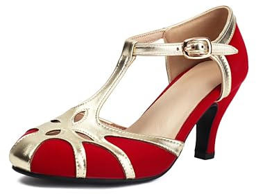 Elerhythm Women's Mary Jane Rockability Tear Cut Close Round Toe T Strap Vintage 1950s Heels Retro 1920s Victorian Pumps Shoes, Red, 6 UK