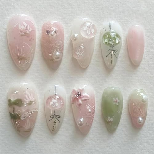 GlamRays 24 pièces de Faux Ongles 3D Faits Main avec pendentifs, Fleurs, Perles, couvrance Totale, Ongles adhésifs, Ongles en résine, Fleurs de Printemps