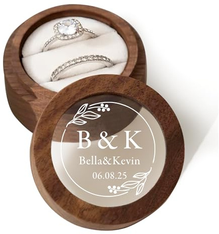 EDSG Personalised Wedding Ring Box for 2 Rings, Engraved Engagement Ring Bearer Box, Personalised Wedding Day Gifts for Girl Him Anniversary Proposal (White, Design 2)