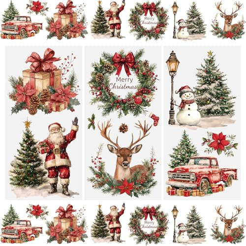 WANDIC 3 fogli di adesivi natalizi per album di ritagli, albero di Natale, mobili, ghirlande, finestre, decalcomanie da strofinare sui trasferimenti per artigianato, 15 x 30 cm