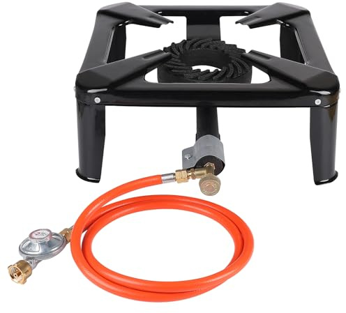 CPROSP Hornillo de Gas Hierro Fundido 10kw, Quemador Gas Butano con 1,5m Manguera y Regulador Presión 50mbar, Cocina Gas Camping para Outdoor Acampada