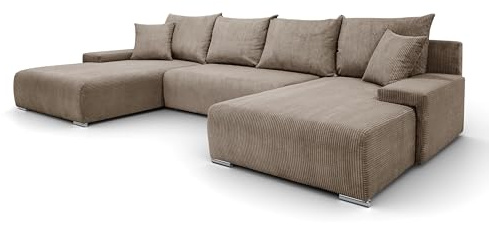 Margaret Hadas24 Ecksofa U Form Lauren 348x188 cm mit Schlaffunktion und Bettkasten, 5 Sitzer, Bettzeugablage, Big Sofa, Sofagarnitur Couch Schlafsofa Schlafcouch Sofa Eckcouch (Capuccino)