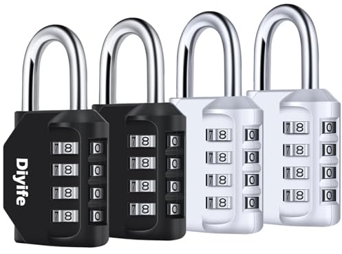 Resettable Combination Lock, 4 Pack Combination Padlock for Outdoor Use, 4 Digit High Security for School, Gym, Sports Locker, Hasp Storage, Black+Silver