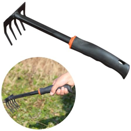 COLLBATH Mini Rastrillo de Jardín de Acero con Mango Corto Ergonómico Dientes para Airear y Desherbar Espacios Reducidos Herramienta Portátil para Huerto y Jardinería Doméstica