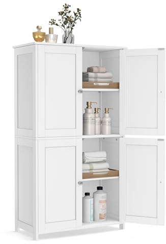 VASAGLE Floor Storage Cabinet, Shaker Cabinet with 2 Adjustable Shelves, 4 Doors, Tall Freestanding Organizer Unit, for Kitchen Bathroom Living Room, Cloud White UBBC553WH01S