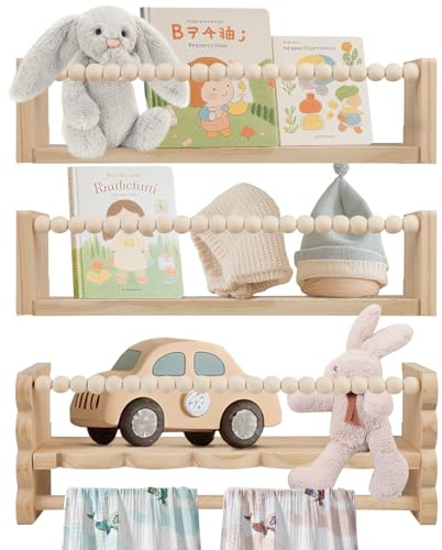 VeftBltrem Kids Bookshelf Set of 3, Nursery Book Shelves, 40 cm Book Shelf Kids Room, Solid Wood Wall Mounted Shelves, Children's Bookcase For Bedroom