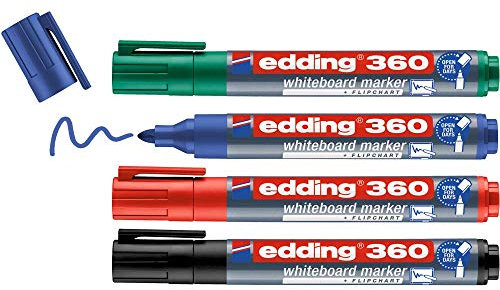 edding 360 Whiteboardmarker - bunte Farben - 4 Whiteboard Stifte - Rundspitze 1,5-3 mm - Boardmarker abwischbar