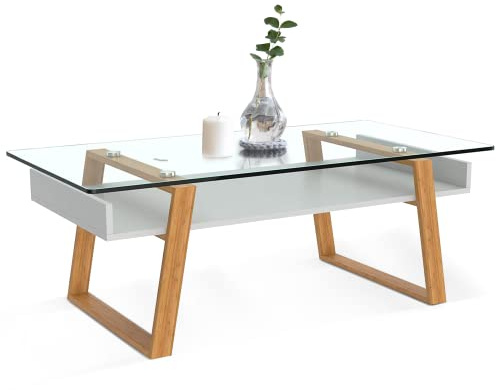 bonVIVO Couchtisch Glas mit Bambus – Moderner Glastisch Wohnzimmer mit Ablage 110x55x40 cm – Wohnzimmertisch Weiß Skandinavischer Couchtisch Holz Glas