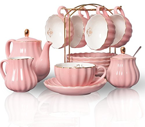 SWEEJAR Set da tè in porcellana British Royal Series, tazze da 226,8 g e piattino, servizio per 6, con teiera, zuccheriera, crema, brocca, cucchiaini e colino, adatto per tè alto, matrimoni, feste