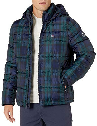 Tommy Hilfiger Men's Hooded Puffer Jacket Down Alternative Coat, Black Watch Plaid, M