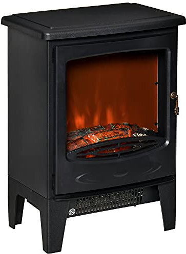 HOMCOM Electric Fireplace Stove, Free standing Fireplace Heater with Realistic LED Flame Effect and Adjustable Brightness, Overheat Safety Protection, 900W/1800W, Black